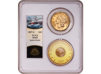 1857-S $20 SS Central America w/Pinch MS65