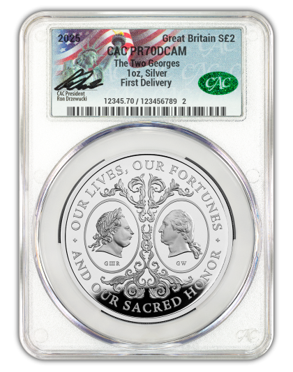2025 Great Britain 1 oz Silver Two Georges CAC Ron Drzewucki Signature PR70